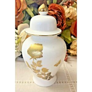 Vintage White Porcelain Ginger Jar with Gold Roses and Butterfly – 8 Inches